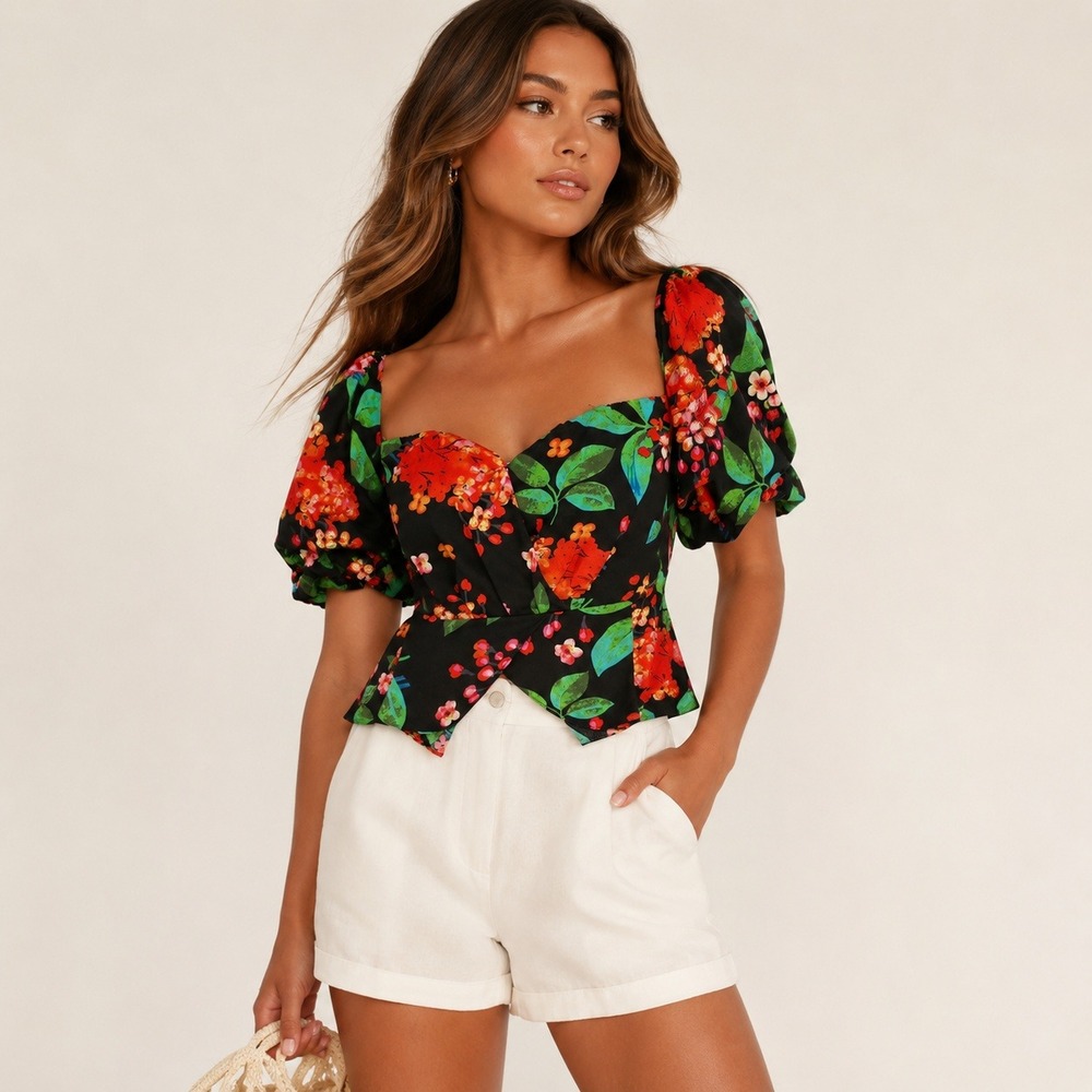 Lulumari Womens Floral Puff Sleeve Sweetheart Peplum Top Black Small Tropical‎